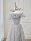 Charmant Gris Perle Appliques Volants Robe De Bal 2024 Princesse De l'épaule Manches Courtes Dos Nu Longue Robe De Ceremonie