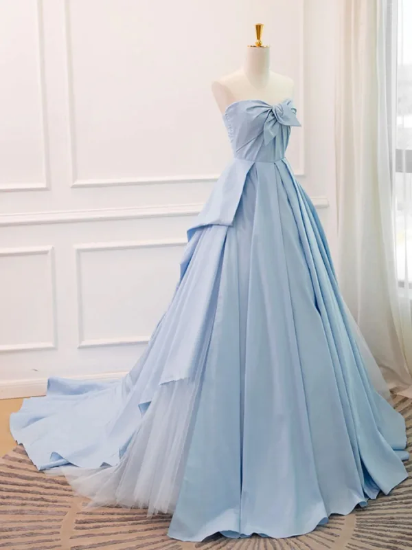 Fashion Satin Sky Blue Prom Dresses 2024 Ball Gown Strapless Sleeveless Backless Sweep Train Formal Dresses