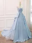 Fashion Satin Sky Blue Prom Dresses 2024 Ball Gown Strapless Sleeveless Backless Sweep Train Formal Dresses
