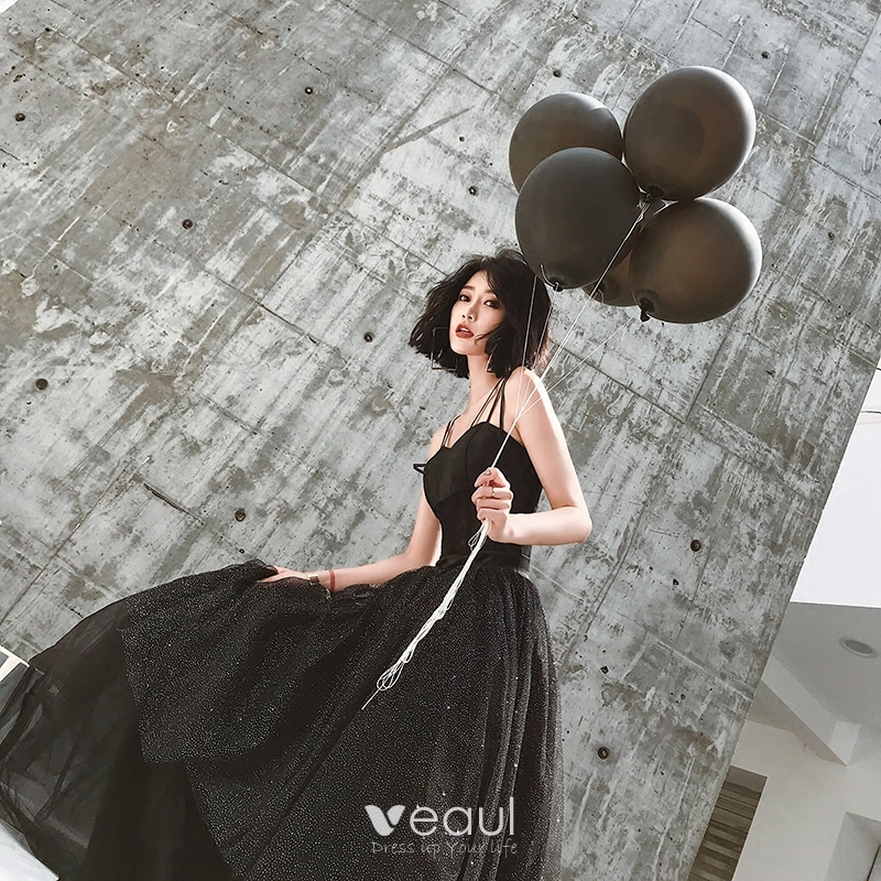 Charming Black Sequins Evening Dresses 2022 A-Line / Princess Spaghetti  Straps Sleeveless Backless Floor-Length / Long Evening Party Formal Dresses