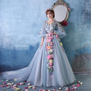 Fleur Colorée Fée D Une Ligne V Cou Épaules Fleurs À La Main Robe De Bal En Organza Robe De Soirée