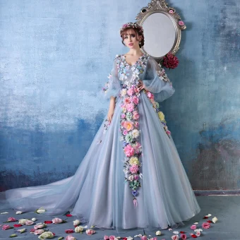 Färgstarka Blomma Fairy A Line Axlar V Ringad Handgjorda Blommor Organza Balklänning Aftonklänningar