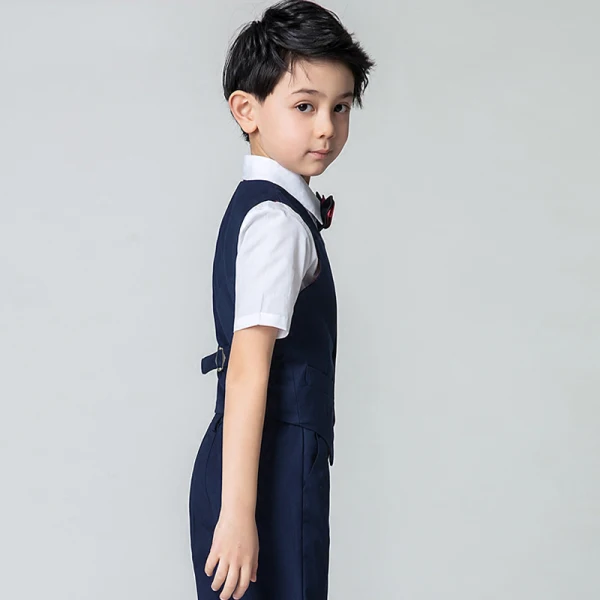 Navy Blue 4-piece Short Sleeve Boys Wedding Suits 2022 Pants Shirt Tie Vest Wedding