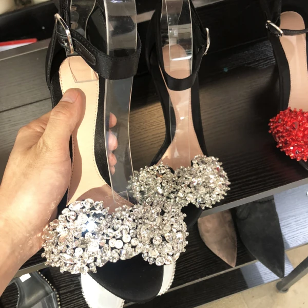 Sexy Noire Faux Diamant Soirée Sandales Femme 2022 10 cm Talons Aiguilles Bride Cheville Peep Toes / Bout Ouvert Sandales Talons Hauts