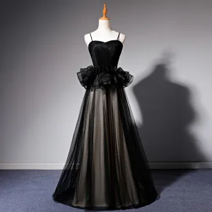Élégant Noire Volants Robe De Bal 2022 Princesse Bretelles Spaghetti Sans Manches Dos Nu Longue Promo Robe De Ceremonie