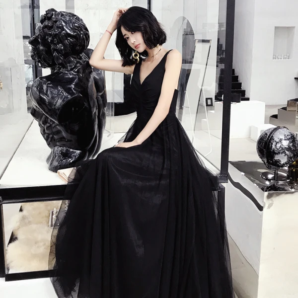 Charming Black Evening Dresses 2022 A-Line / Princess V-Neck Sleeveless Backless Floor-Length / Long Evening Party Formal Dresses