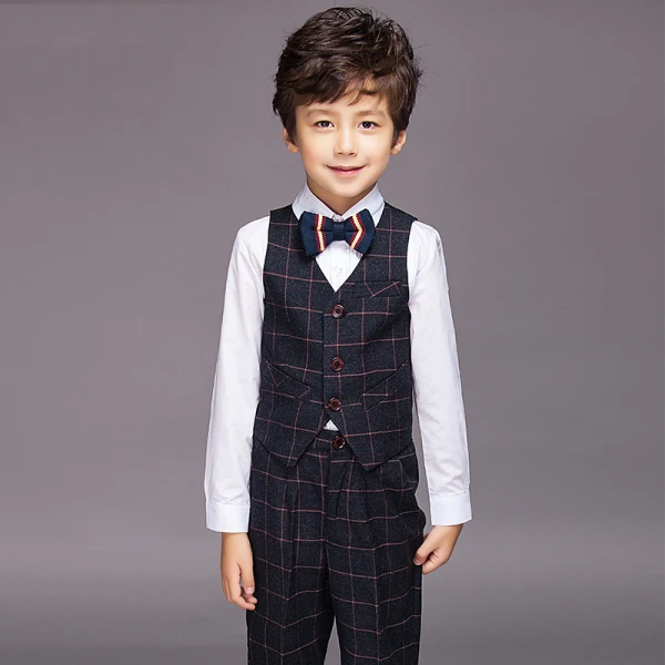 Black 4-piece Long Sleeve Boys Wedding Suits 2022 Pants Shirt Tie Vest Wedding