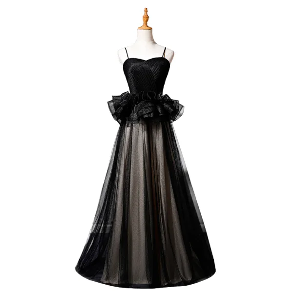 Elegant Black Ruffle Prom Dresses 2022 A-Line / Princess Spaghetti Straps Sleeveless Backless Floor-Length / Long Prom Formal Dresses
