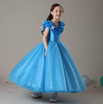 Cendrillon Chic Belle Bleu Papillon Appliques Promo Robe Ceremonie Fille 2022 Princesse V Cou Sans Manches Dos Nu Longue Robe Ceremonie Fille