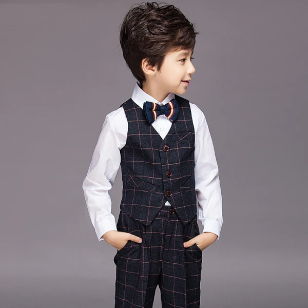 Black 4-piece Long Sleeve Boys Wedding Suits 2022 Pants Shirt Tie Vest Wedding