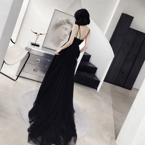 Charming Black Evening Dresses 2022 A-Line / Princess V-Neck Sleeveless Backless Floor-Length / Long Evening Party Formal Dresses