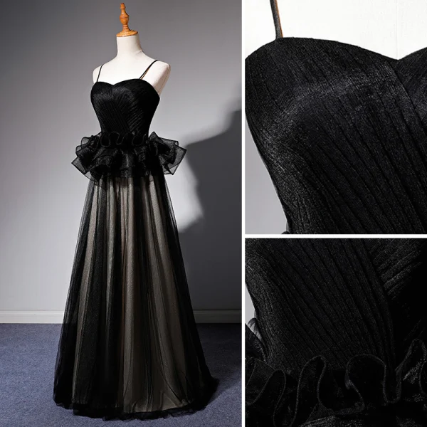 Elegant Black Ruffle Prom Dresses 2022 A-Line / Princess Spaghetti Straps Sleeveless Backless Floor-Length / Long Prom Formal Dresses