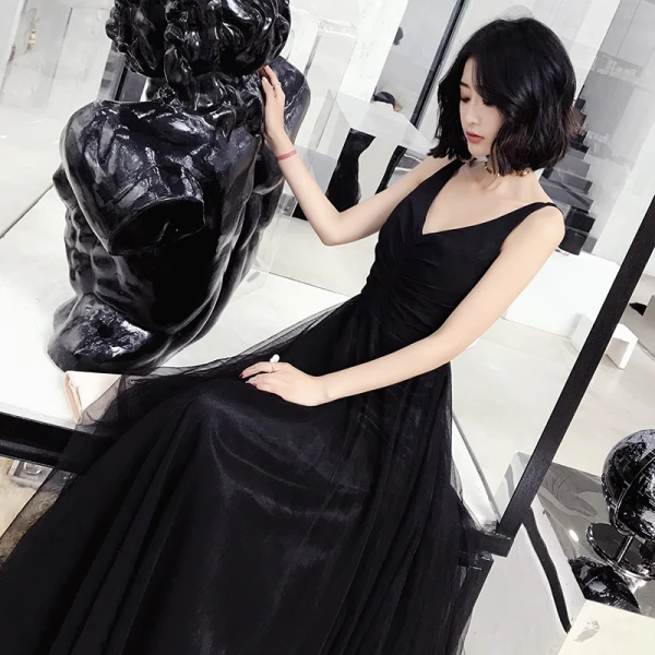 Charming Black Evening Dresses 2022 A-Line / Princess V-Neck Sleeveless Backless Floor-Length / Long Evening Party Formal Dresses