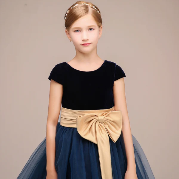 Chic / Belle Bleu Marine Anniversaire Courte Robe Ceremonie Fille 2022 Robe Boule Encolure Dégagée Noeud Ceinture Sans Manches Robe Ceremonie Fille