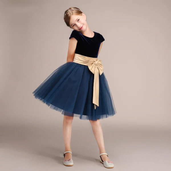Chic / Belle Bleu Marine Anniversaire Courte Robe Ceremonie Fille 2022 Robe Boule Encolure Dégagée Noeud Ceinture Sans Manches Robe Ceremonie Fille