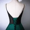 Modest / Simple Vintage / Retro Dark Green Satin Prom Dresses 2022 A-Line / Princess Spaghetti Straps Bow Sash Sleeveless Backless Floor-Length / Long Prom Formal Dresses