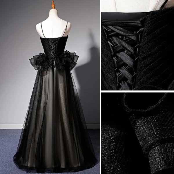 Elegant Black Ruffle Prom Dresses 2022 A-Line / Princess Spaghetti Straps Sleeveless Backless Floor-Length / Long Prom Formal Dresses