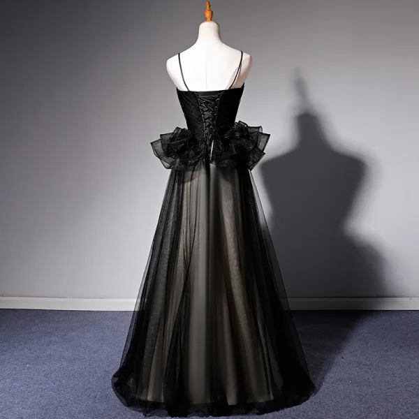 Elegant Black Ruffle Prom Dresses 2022 A-Line / Princess Spaghetti Straps Sleeveless Backless Floor-Length / Long Prom Formal Dresses