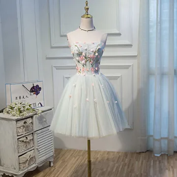 Charming Summer Sky Blue Short Party Dresses 2022 Ball Gown Strapless Beading Lace Flower Appliques Sleeveless Backless Formal Dresses