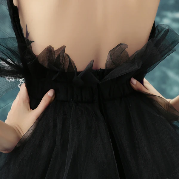 Glamorous Prom Dresses 2017 Deep V-neck Backless Black Tulle Dress