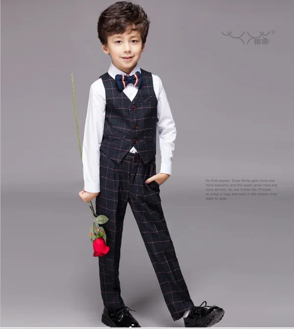 Black 4-piece Long Sleeve Boys Wedding Suits 2022 Pants Shirt Tie Vest Wedding
