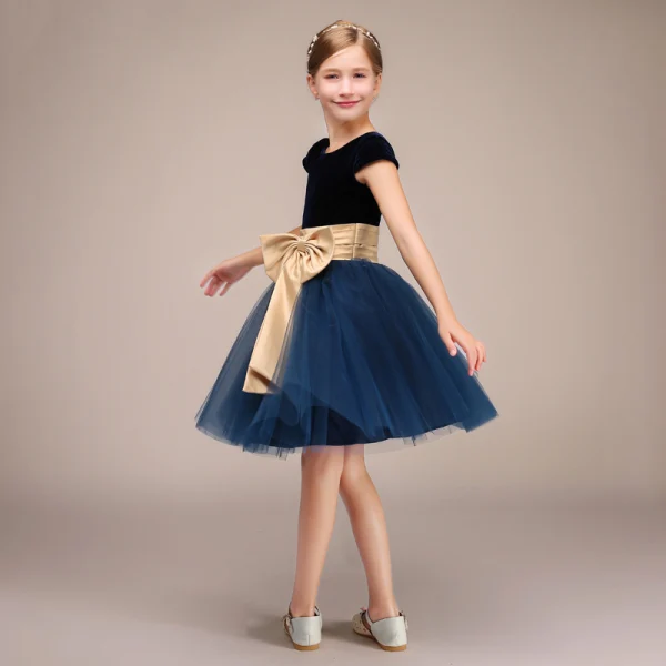 Chic / Belle Bleu Marine Anniversaire Courte Robe Ceremonie Fille 2022 Robe Boule Encolure Dégagée Noeud Ceinture Sans Manches Robe Ceremonie Fille
