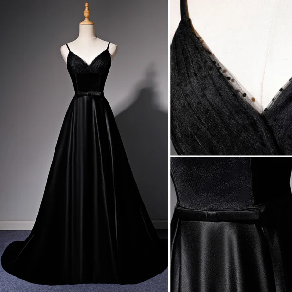 Elegant Black Satin Prom Dresses 2022 A-Line / Princess Spaghetti Straps Bow Sash Sleeveless Backless Floor-Length / Long Prom Formal Dresses