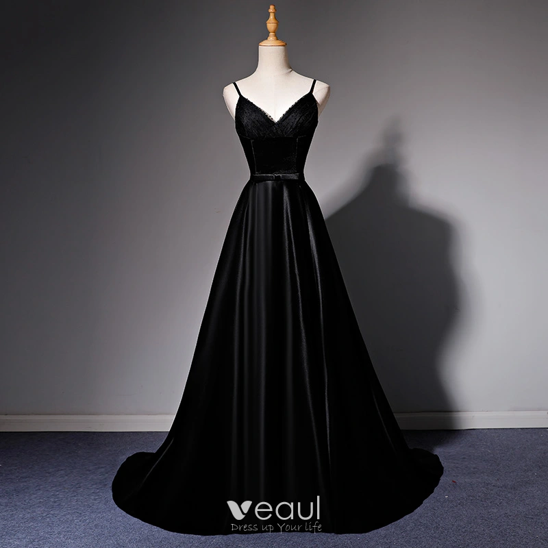 Elegant Black Satin Prom Dresses 2022 A-Line / Princess Spaghetti Straps  Bow Sash Sleeveless Backless Floor-Length / Long Prom Formal Dresses