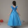 Cinderella Chic / Beautiful Pool Blue Butterfly Appliques Prom Flower Girl Dresses 2022 A-Line / Princess V-Neck Sleeveless Backless Floor-Length / Long Flower Girl Dresses