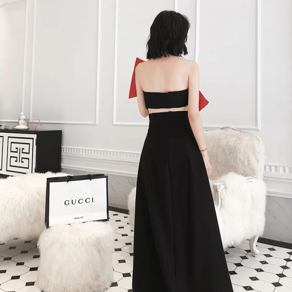 Chic / Beautiful Black Prom Dresses 2022 A-Line / Princess Strapless Bow Sleeveless Backless Floor-Length / Long Prom Formal Dresses
