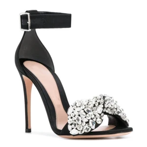 Sexig Svarta Rhinestone Afton Sandaler Dam 2022 10 Cm Stilettklackar Ankelband Peep Toe Sandaler Högklackade