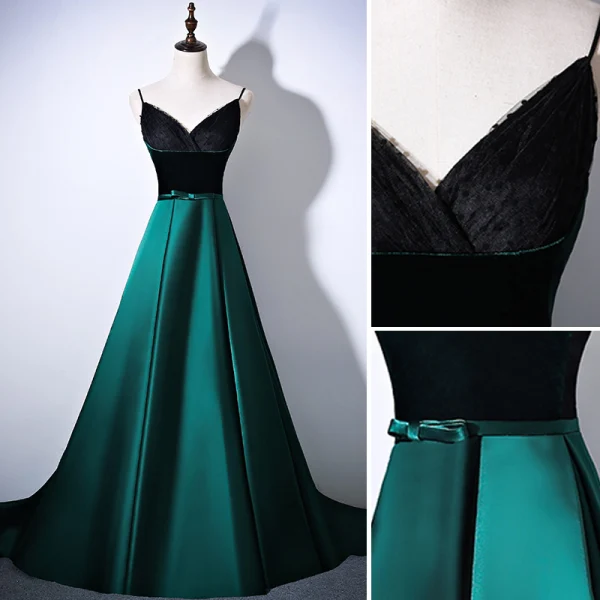 Modest / Simple Vintage / Retro Dark Green Satin Prom Dresses 2022 A-Line / Princess Spaghetti Straps Bow Sash Sleeveless Backless Floor-Length / Long Prom Formal Dresses
