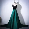 Modest / Simple Vintage / Retro Dark Green Satin Prom Dresses 2022 A-Line / Princess Spaghetti Straps Bow Sash Sleeveless Backless Floor-Length / Long Prom Formal Dresses