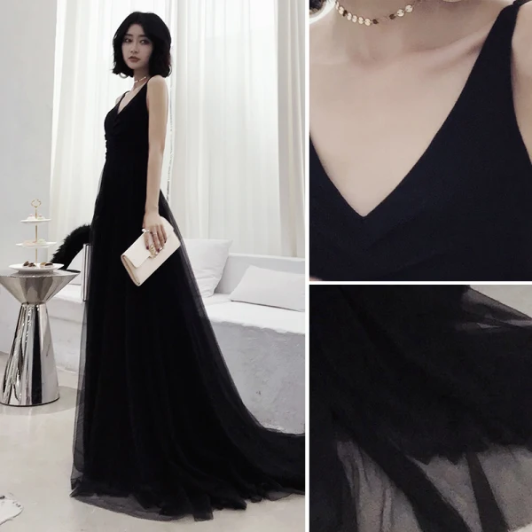 Charming Black Evening Dresses 2022 A-Line / Princess V-Neck Sleeveless Backless Floor-Length / Long Evening Party Formal Dresses