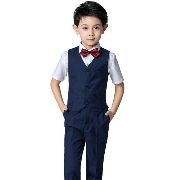 Navy Blue 4-piece Short Sleeve Boys Wedding Suits 2022 Pants Shirt Tie Vest Wedding