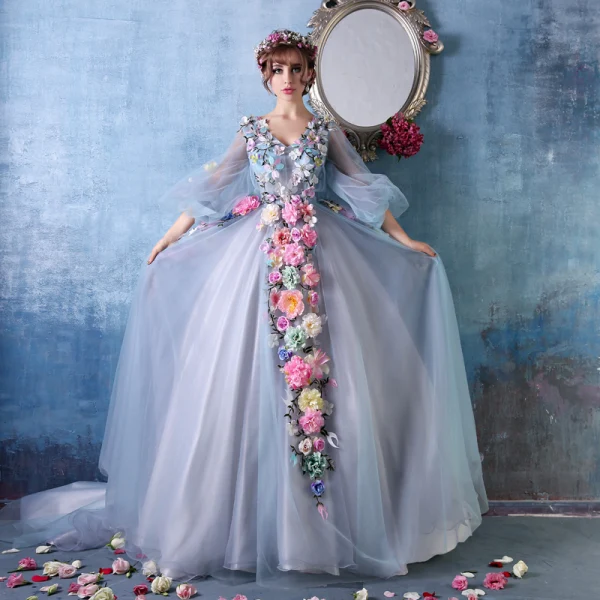 2015 Bunte Blumen-fee Eine Online-schulter V-ausschnitt Handgefertigten Blumen Organza Ballkleid