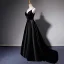 Elegant Black Satin Prom Dresses 2022 A-Line / Princess Spaghetti Straps Bow Sash Sleeveless Backless Floor-Length / Long Prom Formal Dresses