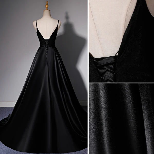 Elegant Black Satin Prom Dresses 2022 A-Line / Princess Spaghetti Straps Bow Sash Sleeveless Backless Floor-Length / Long Prom Formal Dresses