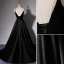 Elegant Black Satin Prom Dresses 2022 A-Line / Princess Spaghetti Straps Bow Sash Sleeveless Backless Floor-Length / Long Prom Formal Dresses