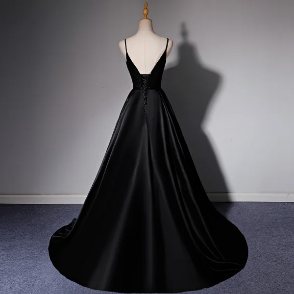 Elegant Black Satin Prom Dresses 2022 A-Line / Princess Spaghetti Straps Bow Sash Sleeveless Backless Floor-Length / Long Prom Formal Dresses
