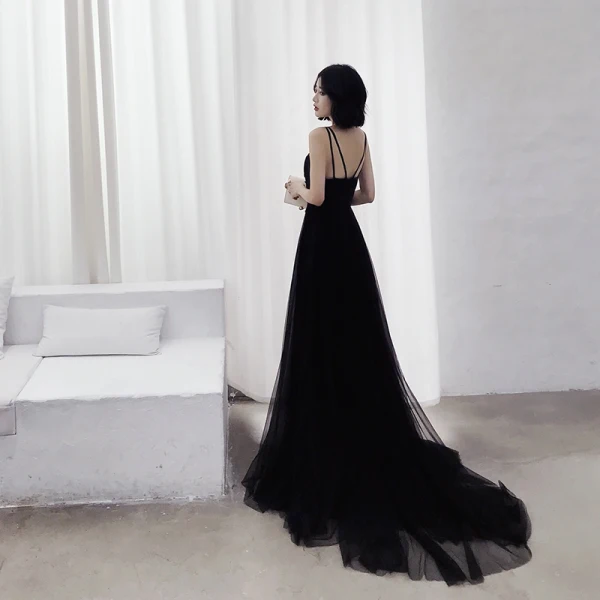 Charming Black Evening Dresses 2022 A-Line / Princess V-Neck Sleeveless Backless Floor-Length / Long Evening Party Formal Dresses