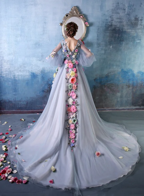 2015 Bunte Blumen-fee Eine Online-schulter V-ausschnitt Handgefertigten Blumen Organza Ballkleid