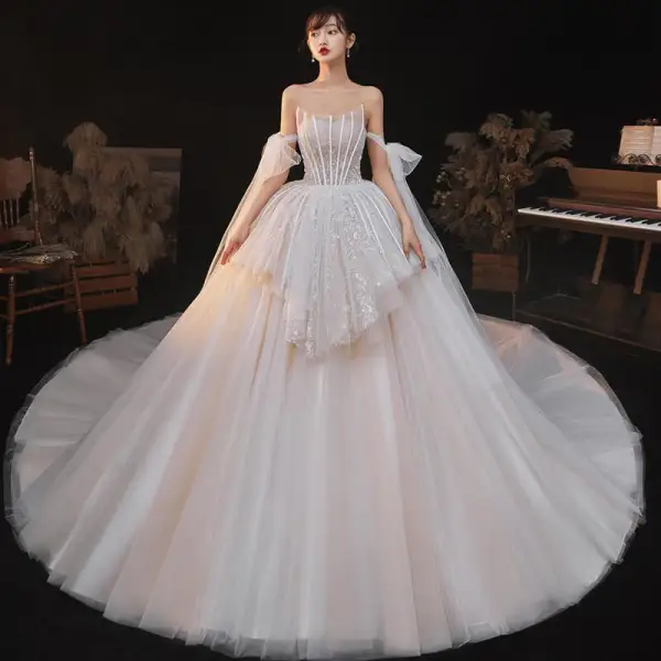 Luxury / Gorgeous Charming Champagne Wedding Dresses 2020 Ball Gown Beading Lace Sequins Strapless Sleeveless Backless Royal Train