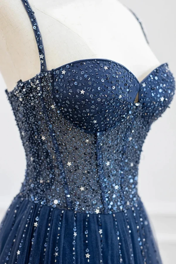 Vintage Marineblau Handgefertigt Perlenstickerei Star Pailletten Ballkleider 2024 A Linie Spaghettiträger Ärmellos Rückenfreies Lange Ball Festliche Kleider