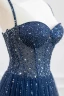 Vintage Marineblau Handgefertigt Perlenstickerei Star Pailletten Ballkleider 2024 A Linie Spaghettiträger Ärmellos Rückenfreies Lange Ball Festliche Kleider
