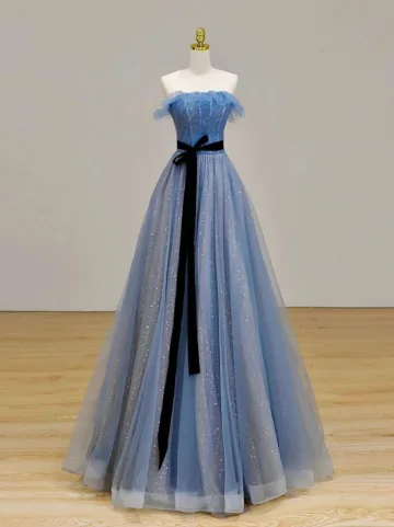 Charmant Bling Bling Himmelblau Pailletten Ballkleider 2024 A Linie Bandeau Ärmellos Schleife Stoffgürtel Rückenfreies Lange Festliche Kleider