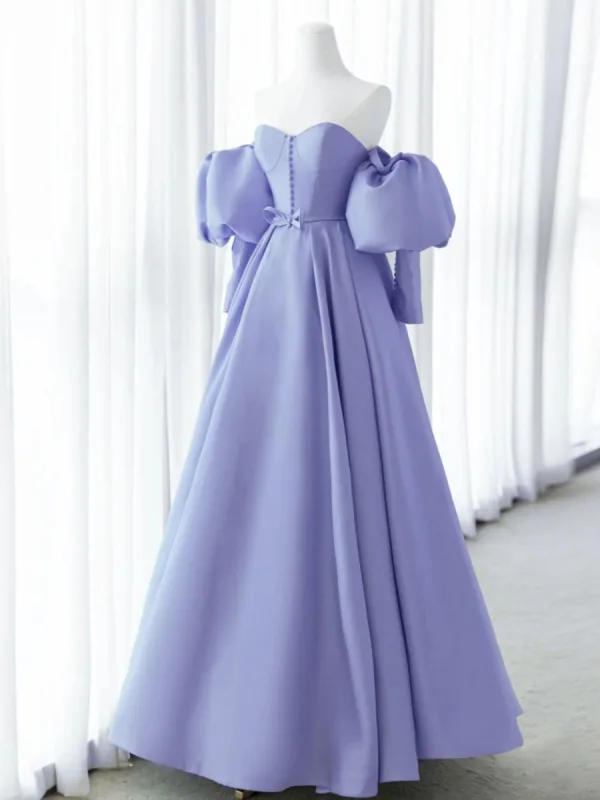 Elegant Sage Green Satin Prom Dresses 2024 A-Line / Princess Off-The-Shoulder Puffy Short Sleeve Backless Floor-Length / Long Formal Dresses