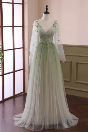 Mode Dégradé De Couleur Vert Cendré Appliques Robe De Bal 2024 Princesse V Cou Manches Longues Dos Nu Longue Promo Robe De Ceremonie