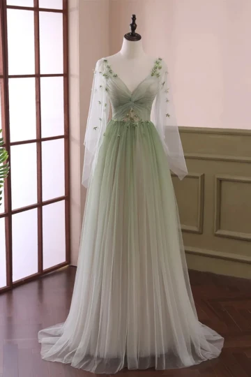 Mode Dégradé De Couleur Vert Cendré Appliques Robe De Bal 2024 Princesse V Cou Manches Longues Dos Nu Longue Promo Robe De Ceremonie