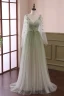 Fashion Gradient-Color Sage Green Appliques Prom Dresses 2024 A-Line / Princess V-Neck Long Sleeve Backless Floor-Length / Long Prom Formal Dresses